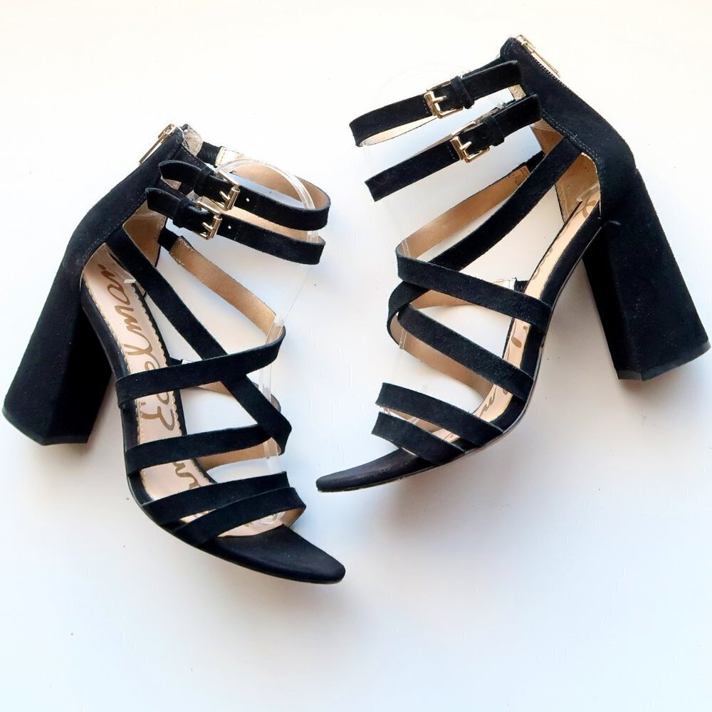 Sam Edelman Yema Black Suede Leather Block Heel Strappy Gladiator Sandals 9.5